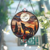 Wolf Howling at Moon Suncatcher Stained Glass Forest Scene Wilderness Sunset Window Decor Rustic Cabin Gift Nature